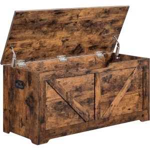VASAGLE Banca de depozitare tip cufar, cu 2 balamale de siguranta, stil hambar, 40x100x46cm, maro rustic - Img 1