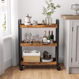 VASAGLE Carucior de servire pe roti pentru bucatarie, cu 3 polite, stil industrial, 26x66x85cm, maro rustic - Img 3