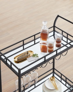 VASAGLE Carucior de servire pentru vin, suport sticle si pahare, cu 2 rafturi din sticla, 38x86x90 cm, negru - Img 4