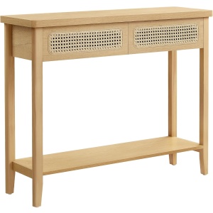 VASAGLE Consola hol 100x30x80 cm, 2 sertare, raft deschis, colturi rotunjite, stil boho, MDF si ratan PVC, bej stejar - Img 1