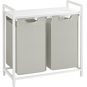 VASAGLE Cos de rufe, 2 compartimente, saci de rufe detasabili, raft, cadru metalic, 2x46L, 73x33x72 cm, alb - Img 1
