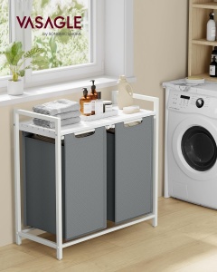 VASAGLE Cos de rufe, 2 compartimente, saci de rufe detasabili, raft, cadru metalic, 2x46L, 73x33x72 cm, alb si gri deschis - Img 2