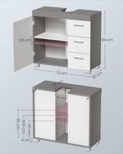VASAGLE Dulap baie lavoar, cu 3 sertare si 2 compartimente, MDF, 70x30x64 cm, alb si gri - Img 3