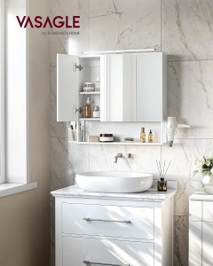 VASAGLE Dulap de baie de perete, 3 usi cu oglinda, compartiment deschis, 15x70x70cm, alb - Img 2
