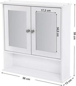 VASAGLE Dulap de baie de perete cu oglinda, 2 usi, compartiment deschis, rafturi reglabile, 13x56x58cm, alb - Img 3