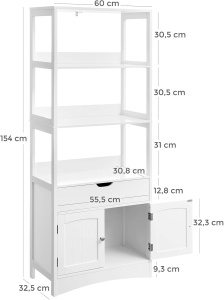 VASAGLE Dulap inalt baie cu 3 rafturi, 1 sertar si 1 dulap, din MDF, 60x33x154 cm, alb - Img 3