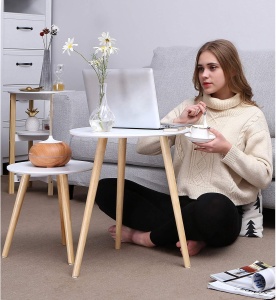 VASAGLE Masa de cafea, set de 2 bucati, picioare din lemn si blat MDF, design minimalist scandinav, 45x50cm si 35x35cm, alb - Img 3