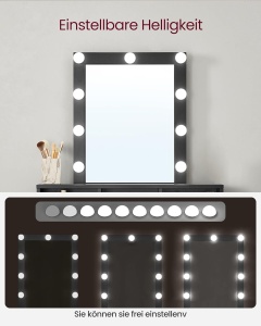 VASAGLE Masa de toaleta cu iluminare LED, cu oglinda, luminozitate reglabila, cu 2 sertare, 80x40x145cm, negru - Img 3