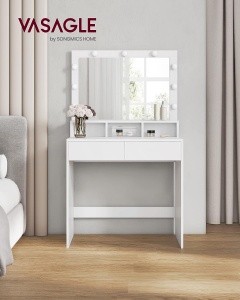 VASAGLE Masa de toaleta cu oglinda, iluminare LED, 2 sertare si 3 compartimente deschise, 80x40x140cm, modern, alb - Img 2