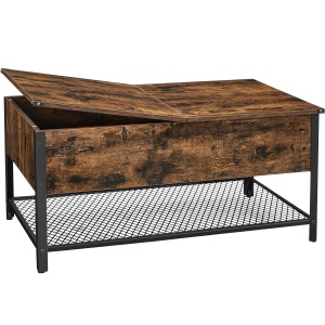 VASAGLE Masuta de cafea cu capac rabatabil, compartiment depozitare ascuns si raft plasa, industrial, 100x55x47cm, maro rustic si negru - Img 1