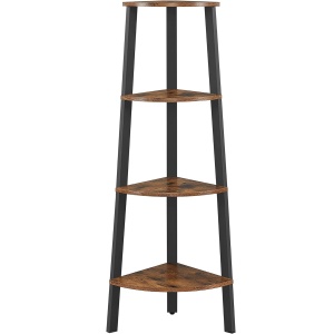 VASAGLE Raft de colt cu 4 etaje, tip biblioteca, cadru metal si polite lemn, industrial, 34x34x125cm, maro rustic