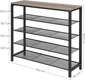 VASAGLE Raft de pantofi metalic, cu 4 nivele plus polita superioara, stil industrial, 100x30x93cm, gri si negru - Img 4