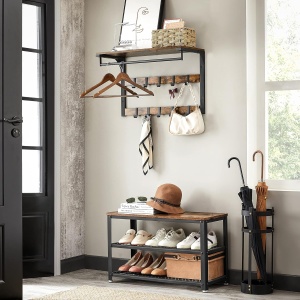 VASAGLE Raft de perete tip cuier, 10 carlige detasabile, sina pentru haine, 30x65x42cm, maro rustic si negru - Img 2