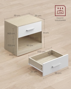 VASAGLE Set 2 noptiere 39x28x41 cm, cu sertar si compartiment deschis, PAL bej natur si alb - Img 3