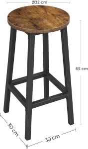 VASAGLE Set 2 scaune bar inalte, sezut rotund, cadru din otel, inaltime 65 cm, stil industrial, maro rustic si negru - Img 3