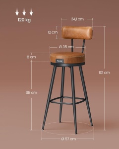 VASAGLE set 2 scaune de bar rotative 360°, cu spatar, inaltime 101 cm, piele sintetica, cadru otel, stil modern, maro - Img 2