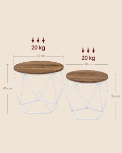 VASAGLE Set de 2 mese de cafea rotunde, cadru otel si blat detasabil, 40cm si 50cm, alb si maro - Img 3