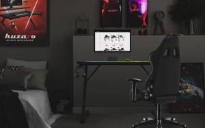 Birou pentru gaming Huzaro Hero 1.8, Suport pentru casti si pahare, Doua intrari speciale de cablu, Design dinamic, 100 x 60 cm, Negru - Img 3