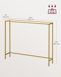 Consola metalica Vasagle, 100 × 20 × 80 cm, blat sticla securizata, auriu - Img 2