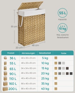 Cos pentru rufe Songmics, 55 L, ratan, capac & manere - Img 5