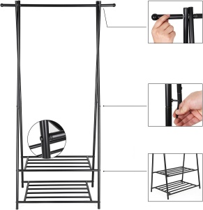 (DL) SONGMICS Suport pentru haine, cu raft depozitare pe 2 niveluri, cadru metalic, 88x41x155cm, negru - Img 2