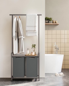 (DL) VASAGLE Cos de rufe, 2 compartimente, saci de rufe detasabili, 1 raft, tija umerase, 2x46L, 73x33x175cm, gri - Img 3
