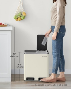 SONGMICS Cos de gunoi dublu 41x32x47 cm, 2x15L, pedale separate, capac soft-close si galeata detasabila, bej si negru - Img 2