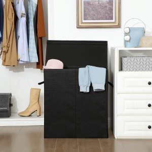 SONGMICS Cos de rufe textil, pliabil, 2 compartimente, saci detasabili, 142L, 60x36x66cm, negru - Img 2