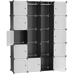 SONGMICS Dulap de depozitare modular, 12 compartimente inchise, 2 sine pentru umerase, 178x143x36cm, negru si alb - Img 1