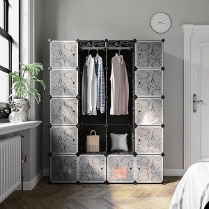SONGMICS Dulap de depozitare modular, 12 compartimente inchise, 2 sine pentru umerase, 178x143x36cm, negru si alb - Img 2