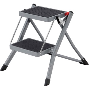 SONGMICS Scara pliabila cu 2 trepte, cauciuc antiderapant, cu maner, sarcina 150 kg, otel, 50x60x44cm, gri si negru
