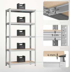 SONGMICS Set de 2 Rafturi de depozitare, cadru din otel armat, polite din MDF, max 2x875kg, 180x90x40cm, gri - Img 4