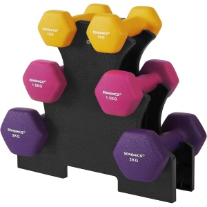 SONGMICS Set de 6 gantere hexagonale cu suport, 2x1kg 2x1.5kg 2x2 kg, multicolor - Img 1