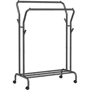 SONGMICS Suport pentru haine pe roti, cu polita, sina dubla, cadru metalic, sarcina 100kg, 53x104x155cm, negru - Img 1