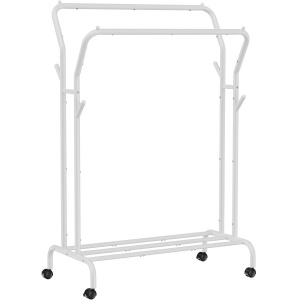 SONGMICS Suport pentru haine pe roti, cu polita, sina dubla, cadru metalic, sarcina 100kg, 53x104x155cm, alb - Img 1