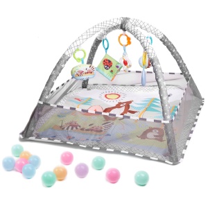 Tarc de joaca pentru bebelusi, 76x76x50 cm, gri – cu jucarii, mingi si arcade interactive - Img 1