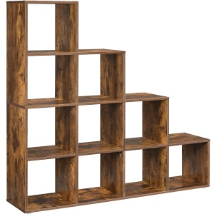 VASAGLE Biblioteca cu 10 compartimente, unitate de depozitare pentru decoratiuni, din lemn, 29x129x129cm, maro rustic - Img 1