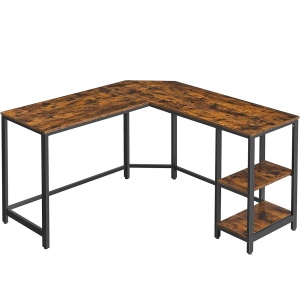 VASAGLE Birou de colt in forma de L, cu 2 rafturi de depozitare, 138x138x75cm, industrial, maro rustic si negru - Img 1