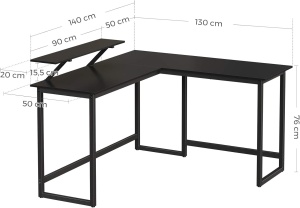 VASAGLE Birou in forma de L cu suport pentru monitor, cadru metalic, 140x130x76cm, negru - Img 2