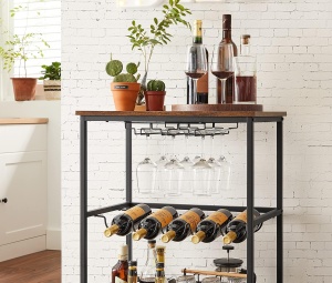 VASAGLE Carucior de servire pe roti, cu suport pentru sticle si pahare de vin, 40x60x82cm, Industrial, Vintage Maro/Negru - Img 3