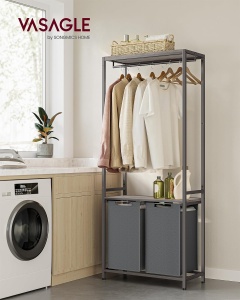 VASAGLE Cos de rufe, 2 compartimente, saci de rufe detasabili, 2 rafturi, tija umerase, 2x46L, 73x33x177cm, gri - Img 2