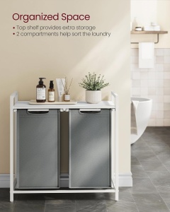 VASAGLE Cos de rufe, 2 compartimente, saci de rufe detasabili, raft, cadru metalic, 2x46L, 73x33x72 cm, alb si gri deschis - Img 3