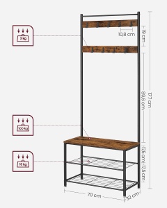 VASAGLE Cuier pentru haine cu banc de depozitare a pantofilor, cadru din otel, 32x70x177cm, industrial, maro rustic si negru - Img 3