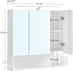 VASAGLE Dulap de baie de perete, 3 usi cu oglinda, compartiment deschis, 15x70x70cm, alb - Img 3