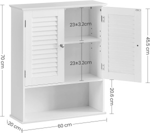 VASAGLE Dulap de perete pentru baie, cu raft reglabil si 2 usi, 20x60x70 cm, alb - Img 3