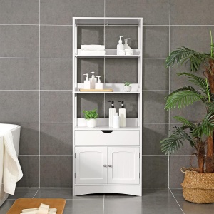 VASAGLE Dulap inalt baie cu 3 rafturi, 1 sertar si 1 dulap, din MDF, 60x33x154 cm, alb - Img 4