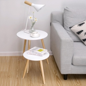 VASAGLE Masa de cafea, set de 2 bucati, picioare din lemn si blat MDF, design minimalist scandinav, 45x50cm si 35x35cm, alb - Img 4