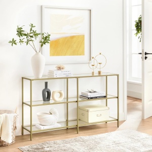 VASAGLE Masa de intrare, pe 3 nivele, blat din sticla securizata, cadru metalic, 30x130x73cm, auriu - Img 2
