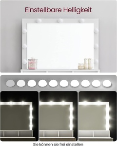 VASAGLE Masa de toaleta cu oglinda, iluminare LED, 2 sertare si 3 compartimente deschise, 80x40x140cm, modern, alb - Img 3