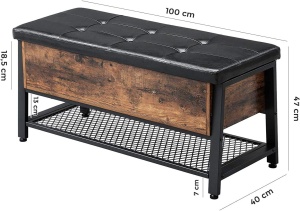 VASAGLE Pantofar de lemn cu spatiu de depozitare tip banca, cu sezut captusit si polita depozitare, stil industrial, 100x40x47cm, maro rustic si negru - Img 4